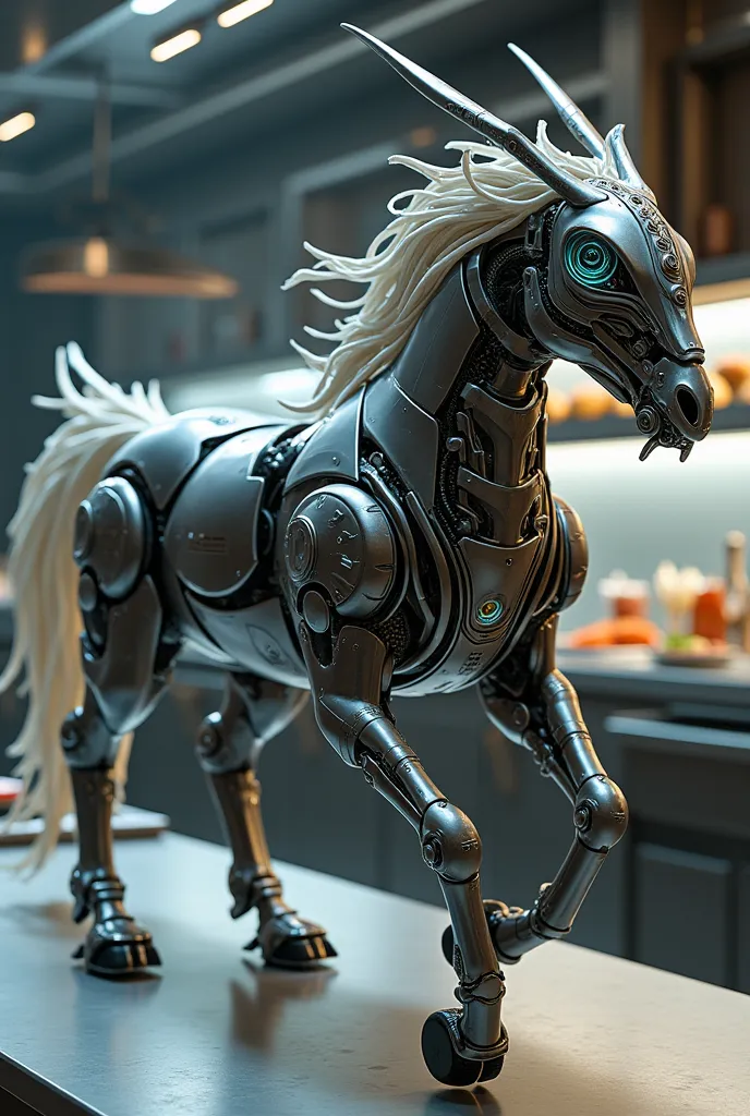 Futuristic Cooking Horse or Owl
An animal, that symbolizes wisdom and speed (For example, a horse or owl) in the style of the future. A horse or an owl can be made with futuristic elements and emphasize the dynamism and efficiency of the restaurant process