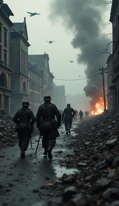 A hyper-realistic, cinematic image of German soldiers advancing through the war-torn streets of Stalingrad. Rubble and destroyed buildings surround them, smoke rising from burning structures. In the background, Soviet snipers hide in the ruins, preparing t...