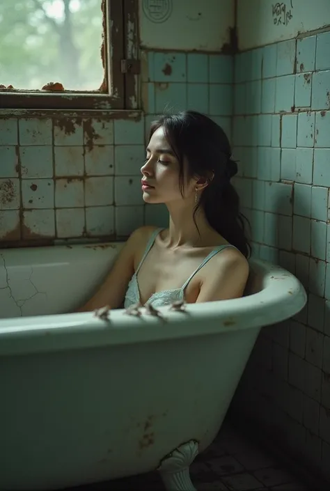 in this captivating visual presentation, the young woman takes a battered bathtub, encapsulates a mood of peace, that in There is a strong contrast to their dilapidated environment. the bathroom, in dim light, tells a story of neglect and decay. Cracked ti...