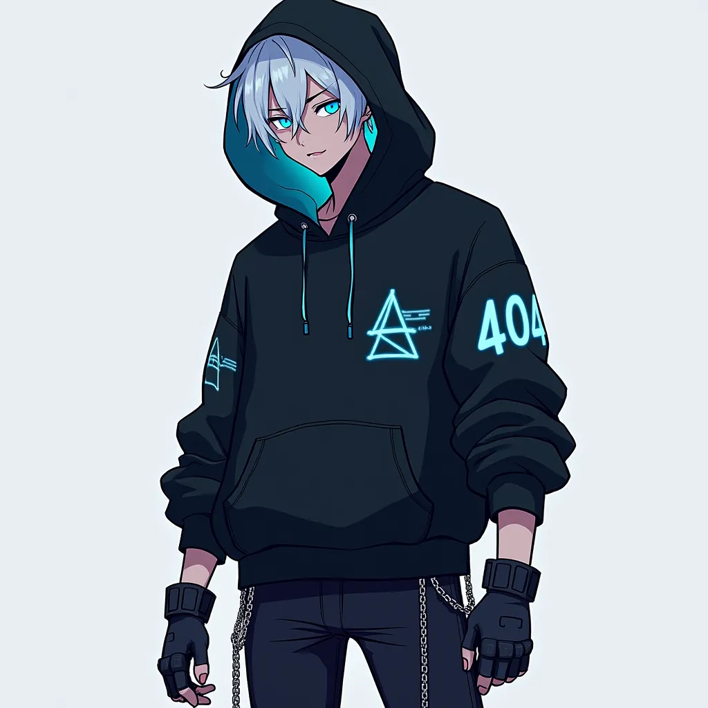  Aparência:
 Hair: White with neon blue tips, slightly messy, covering part of his eyes.
eyes: BRIGHT BLUES, But when hacking something, they get a digital effect, as if they were carrying codes.
clothes:
Oversized black sweatshirt with hood always raised,...