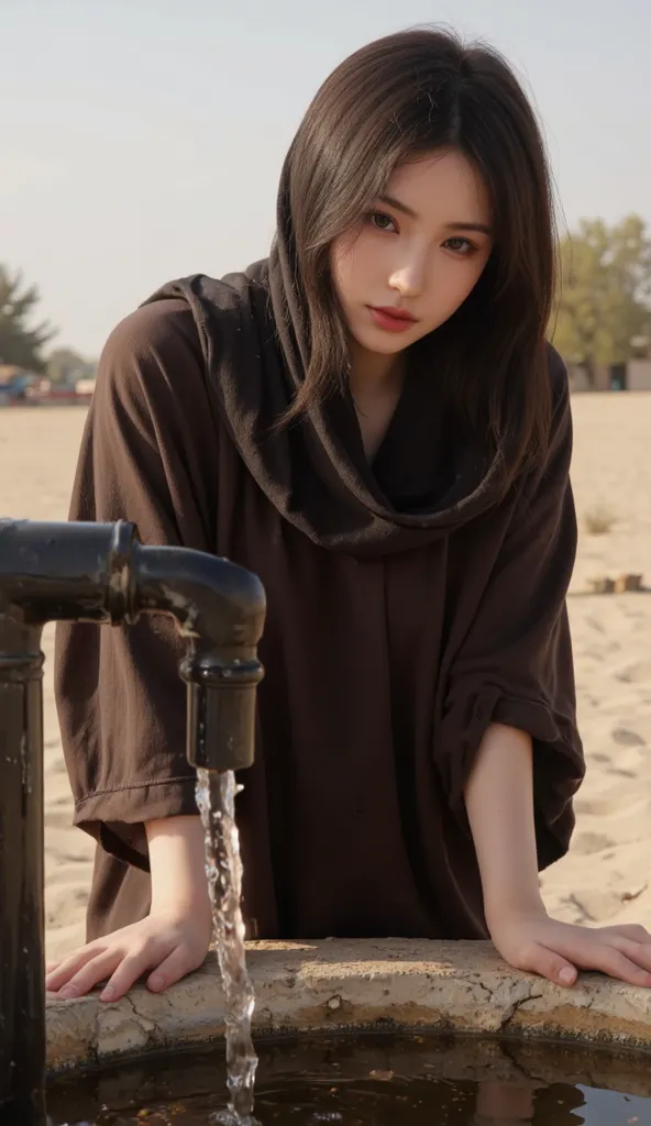 A woman drinks water from the well using both ladders, This well is located in the middle of the desert, He is dressed in a simple dark brown outfit,with a long shawl protecting his head from the scorching sun,Her face looks tired , very thirsty, A breeze ...