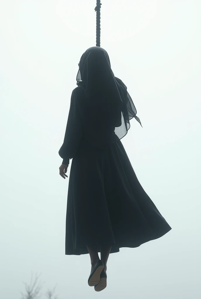 girl in hijab, hanging from a rope, back pose, full body visible, head to toe, wide angle, white background, realistic, detailed portrait, dramatic lighting, cinematic, high contrast, moody, chiaroscuro, dark shadows, volumetric fog, dramatic atmosphere, d...