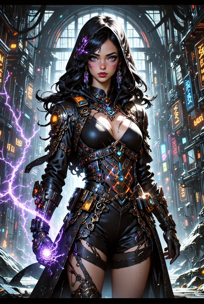 A young girl wizard in cyberpunk style, standing, full body,(masterpiece:1.2, best quality, realistic, raw photo, realism, ultra beautiful digital art, perfect anatomy, fantasy art, ultra detailed, incredibly absurdres, perfect depiction of fingers and han...