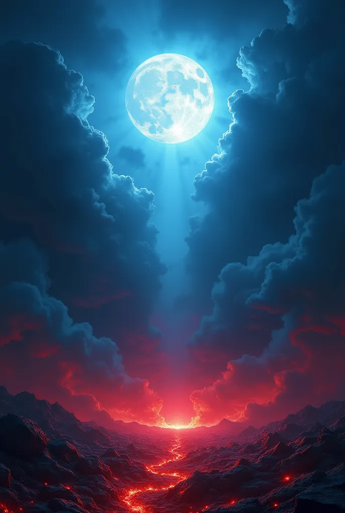 red hell floor bottom, blue bright heaven sun glowing in the sky artwork, detailed hellish ground, glowing heavenly sky, dramatic contrast, dark moody floor, ominous demonic forces, celestial divine light, intense emotional atmosphere, fiery inferno below,...