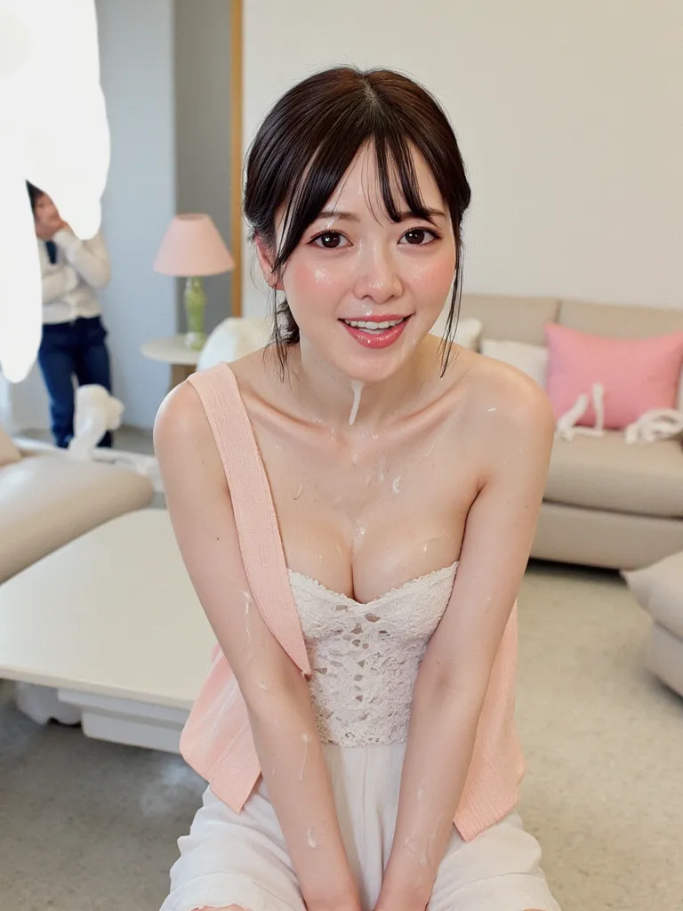 high-resolution portrait of a Japanese woman, photorealistic ,        open your mouth        wide, I can see semen in my mouth  , ,   masterpiece, great quality,   pale pink cardigan wrapped with thin straps  ,     professional lighting,   alone, 1 girl, (...