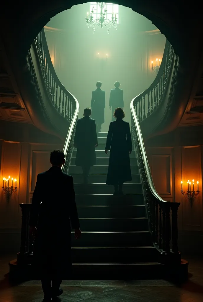 "A grand, dark wooden staircase in an old, dimly lit mansion with an eerie atmosphere. The staircase is covered in a thick, mystical fog that cascades down the steps. The walls are adorned with intricate wood paneling, reflecting the warm golden glow of fl...