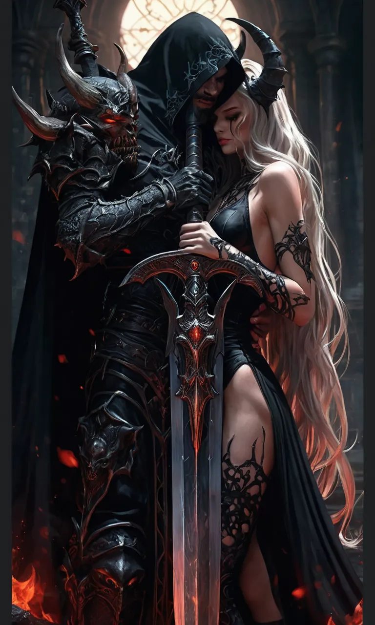 a beautiful sexy woman in a black dress and a demon with a sword, abaddon and magali villeneuve, dark fantasy style art, dark fantasy art, gothic fantasy art, detailed fantasy art, 4k fantasy art, fantasy dark art, dark fantasy style, dark fantasy artwork,...