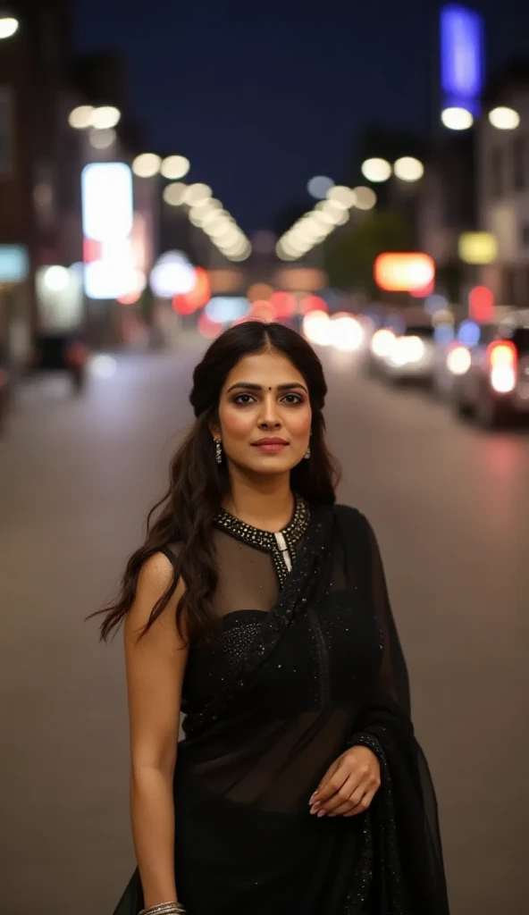 An award winning full HD photo of a stunning woman, in her late 20s, in a flowing saree standing on a empty city street at night, illuminated by the glow of neon signs and streetlights. She wears an elegant saree in deep black, with subtle shimmering embro...