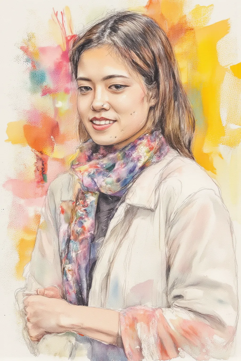 1 girl, watercolor, sketch, painting oil on canvas,  Inspirado em van Gog , acrylic and oil painting, oil and acrylic on canvas, acrylic on canvas, an acrylic painting, oil panting on canvas, oil painting on canvas, smile