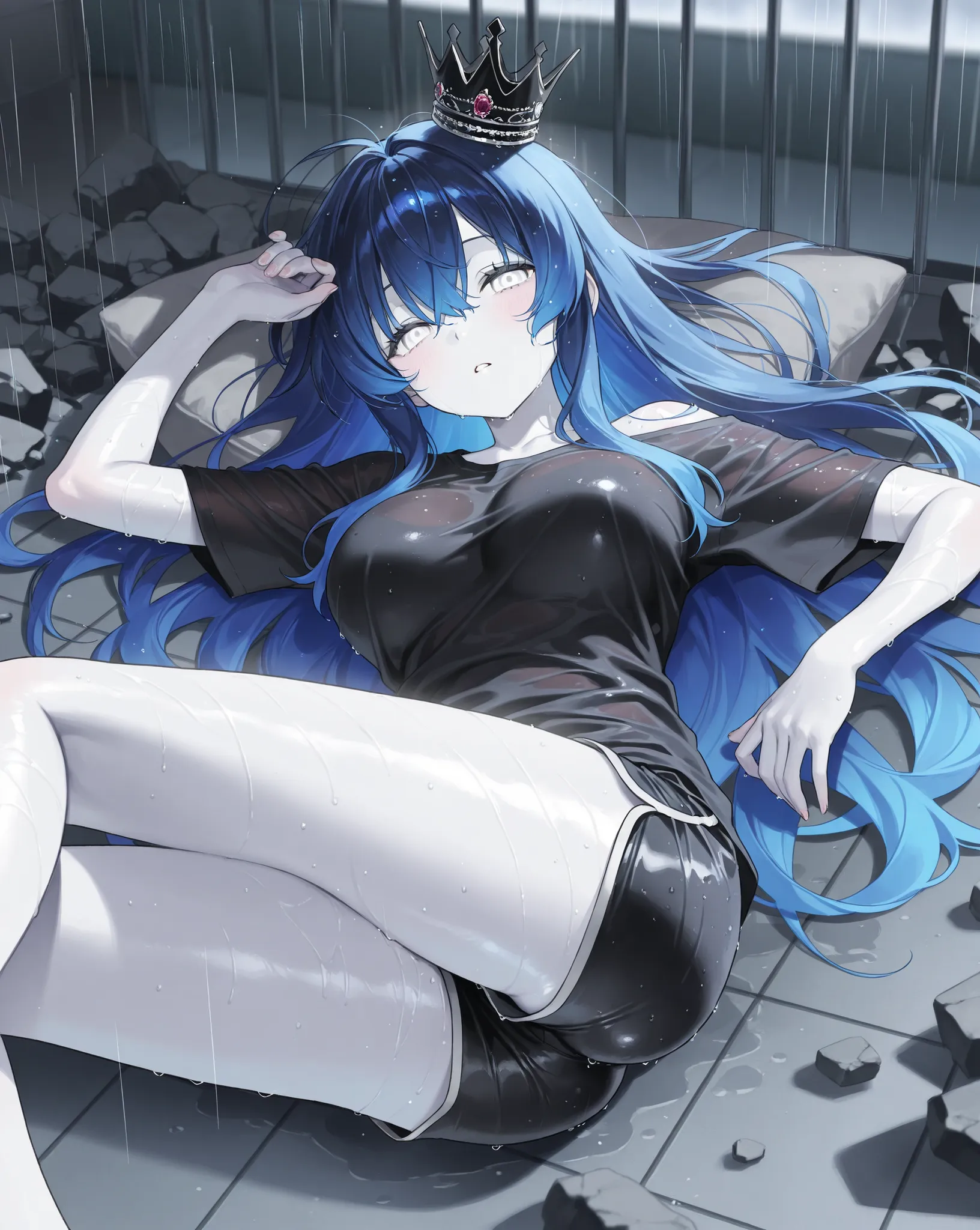 best image quality、High Resolution、 Resplendent Diamond Blue Hair 、white eyes、、rooftop、  black big t-shirt、beautiful breasts、  best thighs、GalaxyAura、 long hair、best image quality、floating rubble、Black Shorts、 white skin、 the royal family、、Straight face、Wa...