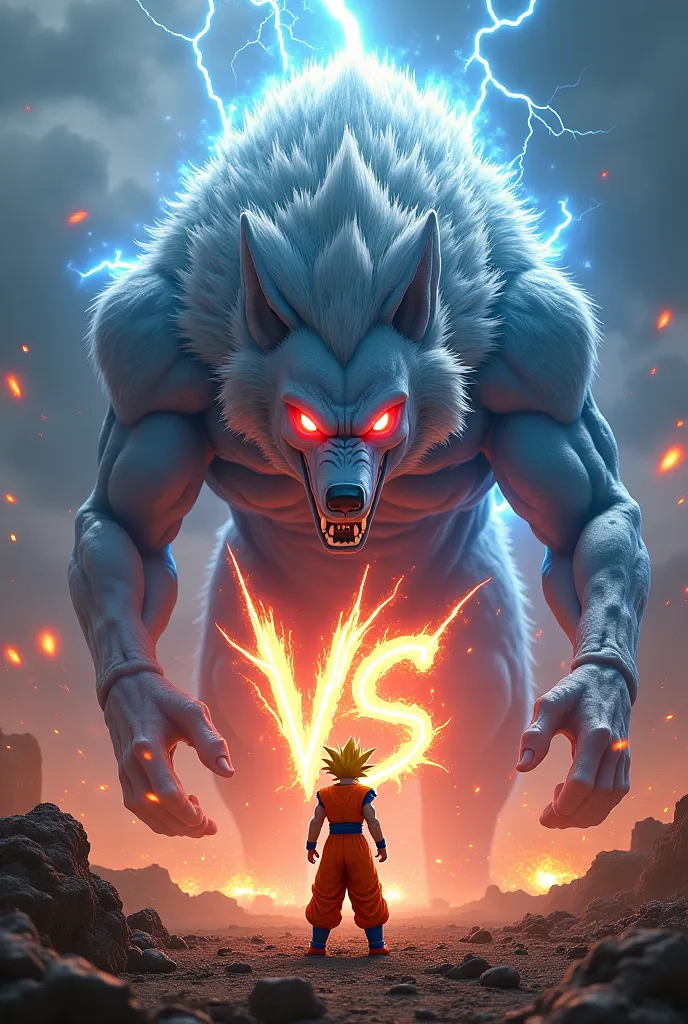 A dramatic hyper-realistic scene where Goku, in his Super Saiyan form with glowing golden hair and intense blue aura, stands face to face with a colossal Titan Wolf. The wolf is massive, with silver fur, glowing red eyes, and sharp fangs bared. The battlef...