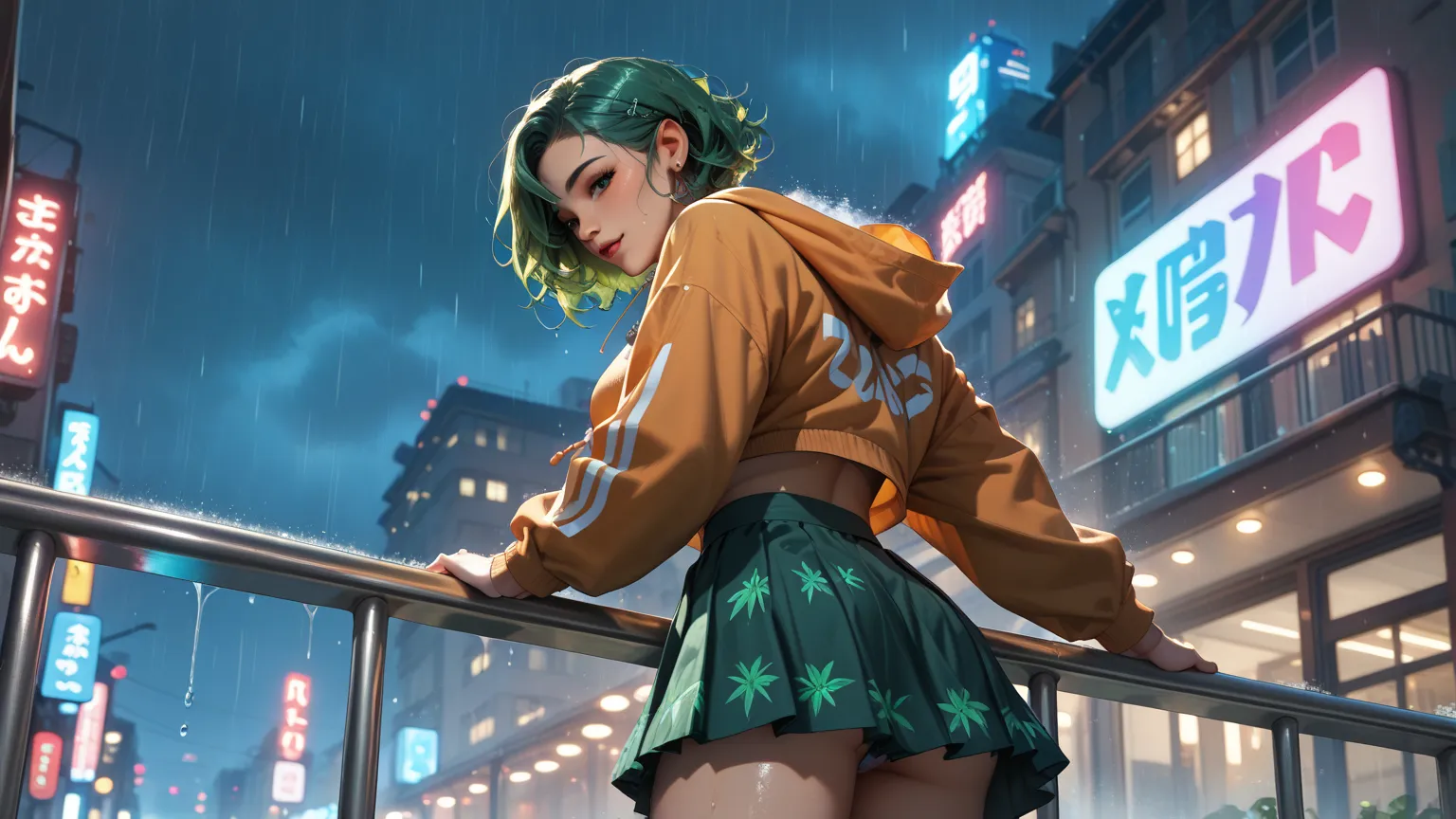 "A reflective woman standing on a glass balcony during twilight, wearing a lightweight skirt and a cropped hoodie. Her ombre green hair shimmers faintly under the dim, rainy sky. She gazes at the city below, where blurred neon lights and wet streets create...