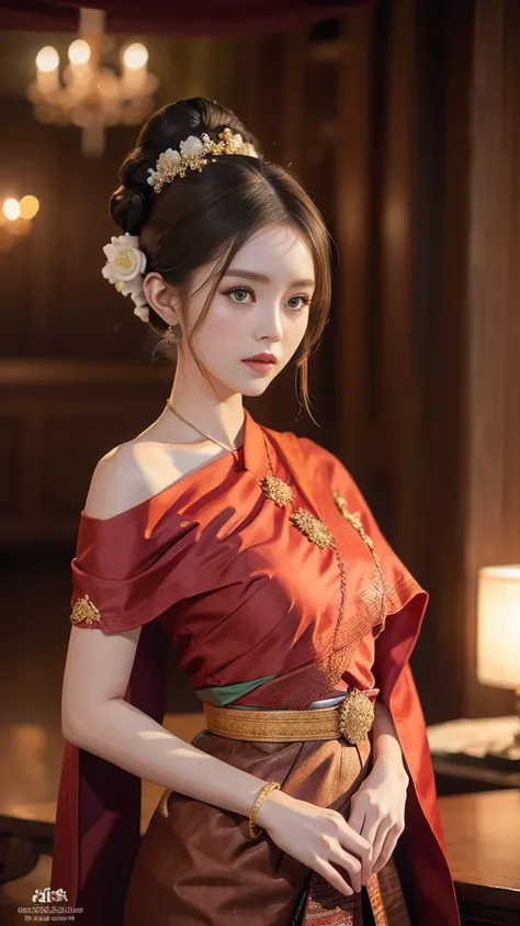 A woman stands with her hands in coordination. ,My hair is tied in a bun. , Dress in Thai Tradition , Traditional shawl in bright red,  side to side ,Looking at the audience in high resolution, precise, is anatomically correct., 