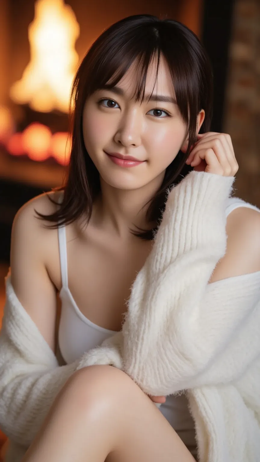 (a state where the face is accurately positioned in the center of the image: 1.5), (upper breast: 1.5), (fully reflects the entire head: 1.5), (Face clearly visible: 1.2)、 (braless fur pure white coat : 1.4), (fireplace : 1.5), LONG HAIR、 black hair、bangs,...