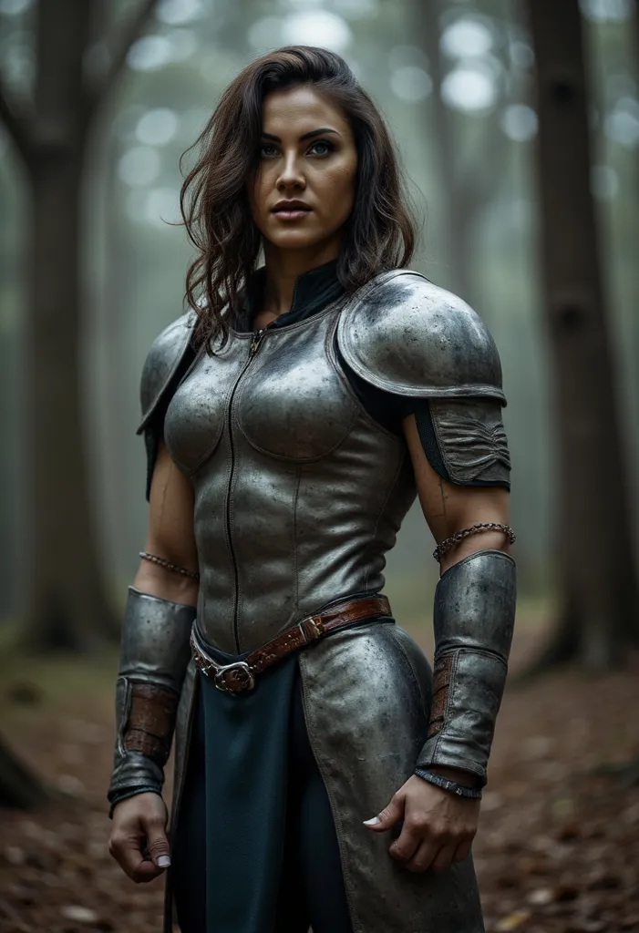 This is a high-resolution photograph of a fierce, armored muscular strong warrior standing in a dense, misty forest. The warrior, a woman with long, wavy brown hair that flows around her face, has a determined, intense expression. Her skin is lightly tanne...