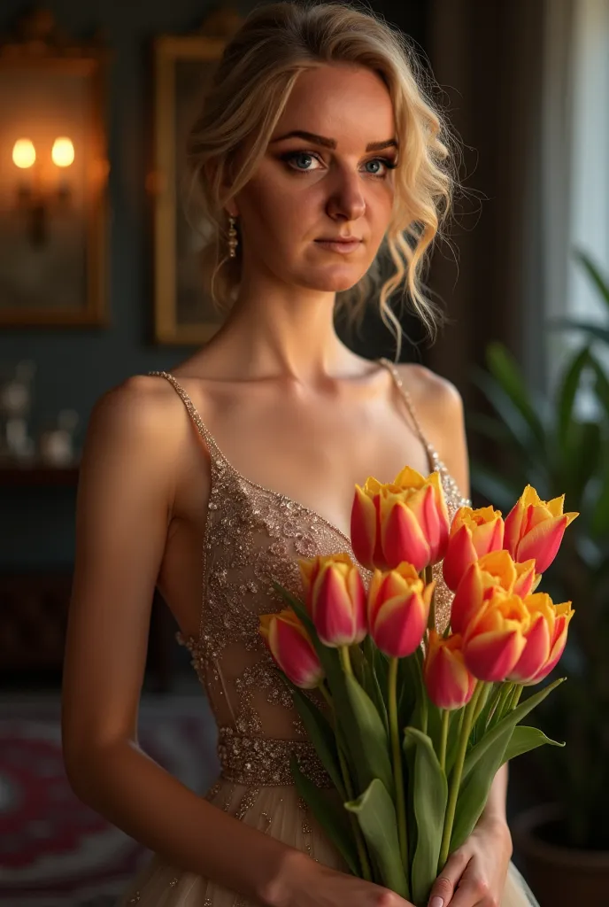  Blonde girl ,33 years old , in an evening dress ,With a bouquet of tulips