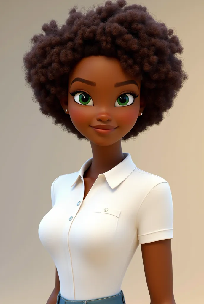 Brown woman, around 18 years old, black power brown hair, wearing prescription glasses, greenish eyes, dressed in a white polo collar with pocket without details on the chest, pixar style, image 8k 
