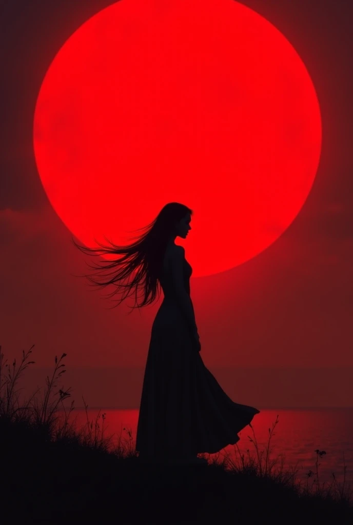 Make three images of a black silhouette of a girl with long hair and a black dress,Behind a big red moon