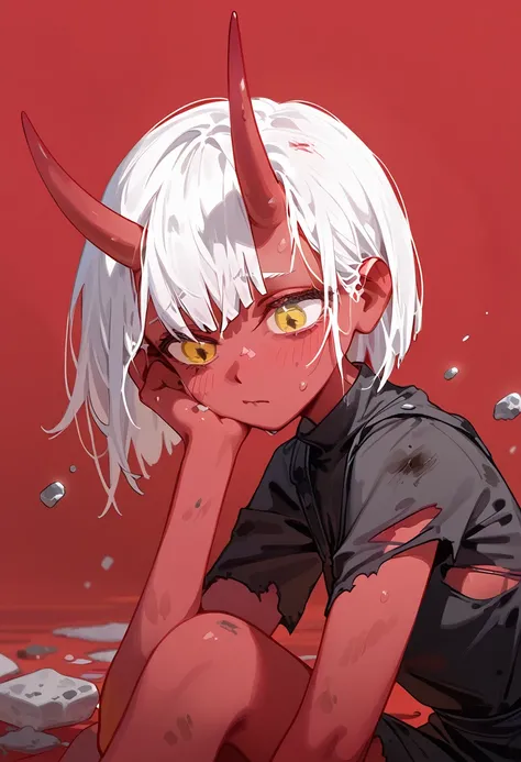 1 person,girl,Red skin,in yellow eyes, white hair, short hair ,small, Ghoul eyes,There is a red horn,oni girl,Black Robe, torn shirt,slim, thin, dry , Exhaustion,famished,dirty,Dust Mess, Chew ,red background,shy,Shy,, bend the face,Reclining,