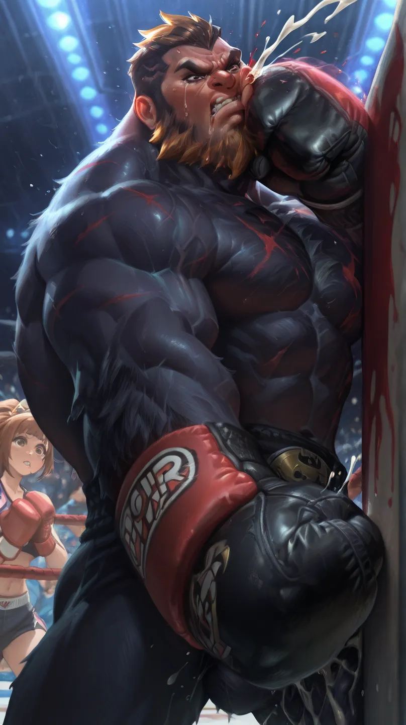 , highres, gorilla man, muscular body, serious face, mustache, (brown_eyes:1.5), short beard, hairy chats, hairy body, dark look, body and face are covered in (((blood))) and (((bruises))) action_shot, masculine, penis, naked, Gorilla hair,
score_9, score_...