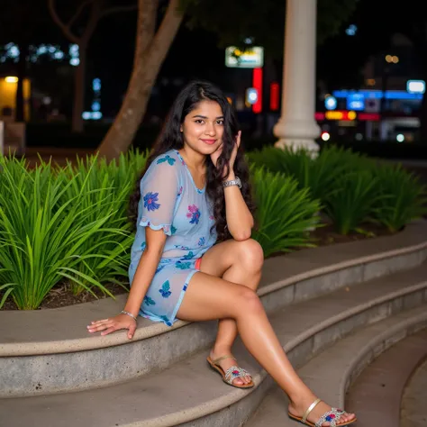 A young Indian woman wearing a short patterned transparent blue colour dress, she sits on a stone bench with knees up at night.

The image shows a young woman with long dark hair, fair skin, and a pleasant expression. Small breasts, she wears a transparent...