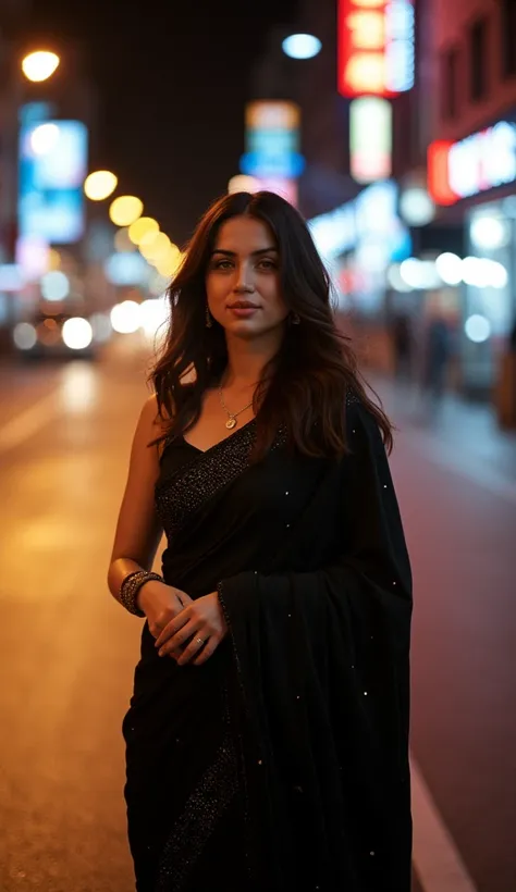 An award winning full HD photo of a stunning woman, in her late 20s, in a flowing saree standing on a empty city street at night, illuminated by the glow of neon signs and streetlights. She wears an elegant saree in deep black, with subtle shimmering embro...