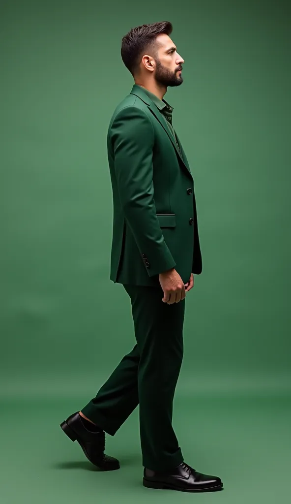 Imagem de lado de um homem "reporter de TV" de 30 anos em forma e elegante, com cabelos loiros, vestindo um suéter de tricô decote V ponto meia malha liso na cor VERDE ESCURO, um pouco mais comprido,  uma camisa e calca preta. De pé dando uma noticia