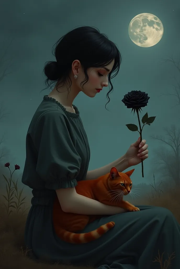 Black rose in hand looking forward with sad eyes, woman with a red cat in her lap. Night landscape behind the moon is about to set 