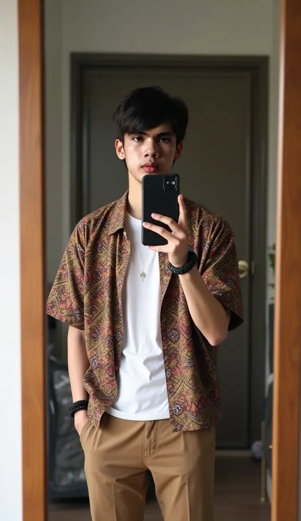 Korean ager aged s, height 160 cm, posing taking a picture of himself in the mirror with a black cellphone, wearing a short open batik shirt, typical Indonesian batik, and a white undershirt, on his left hand there is a small black rubber bracelet, and wea...