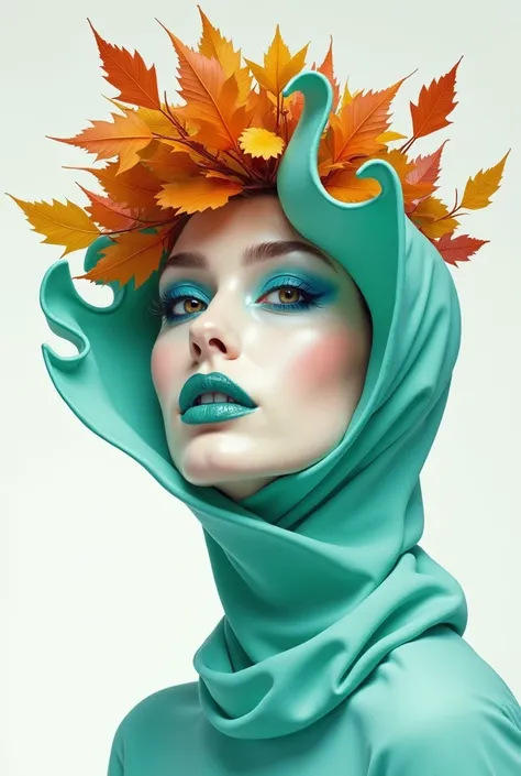 Surreal modern painting of a white face of a beautiful woman, white abstract wave-shaped veil, green lipstick, blue eyeshadow, ran eyes, autumn leaves on the top of head, white background