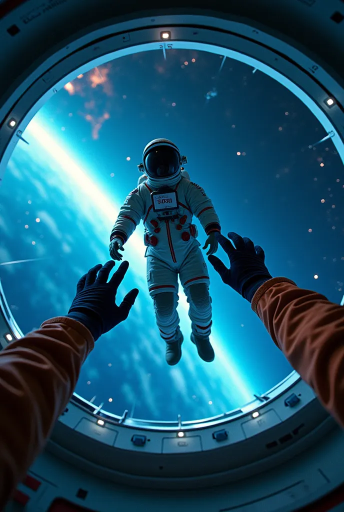 A hyper-realistic image in point of view (POV) style, capturing the first-person perspective of a male astronaut floating inside a futuristic spaceship in the vastness of deep space. His gloved hands reach towards a spacesuit hanging on a support, ready to...