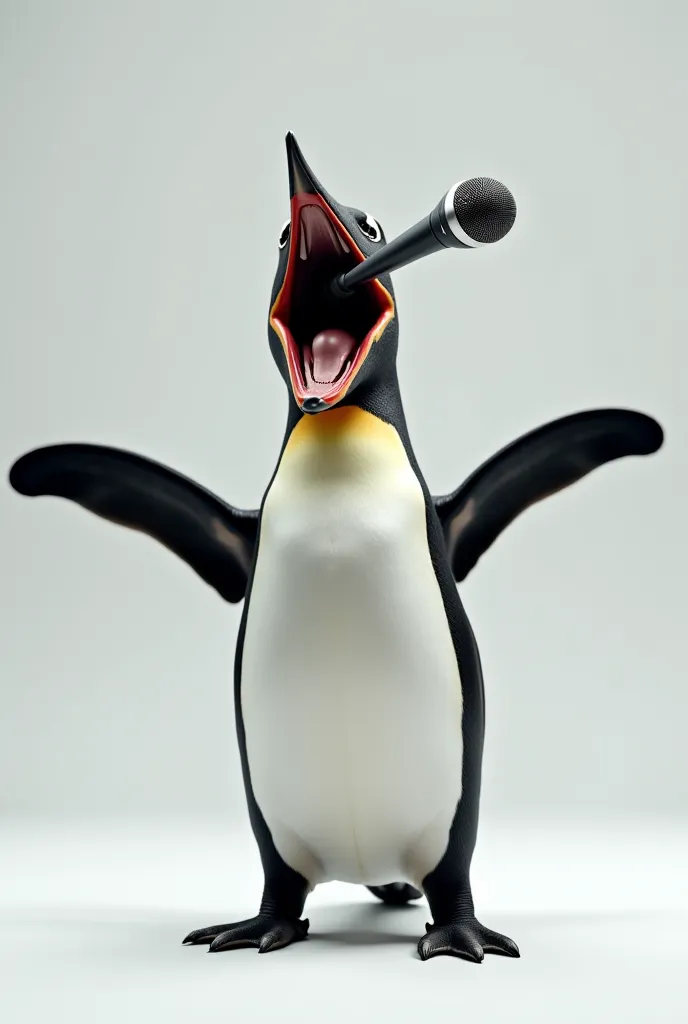 Penguin screaming into a microphone