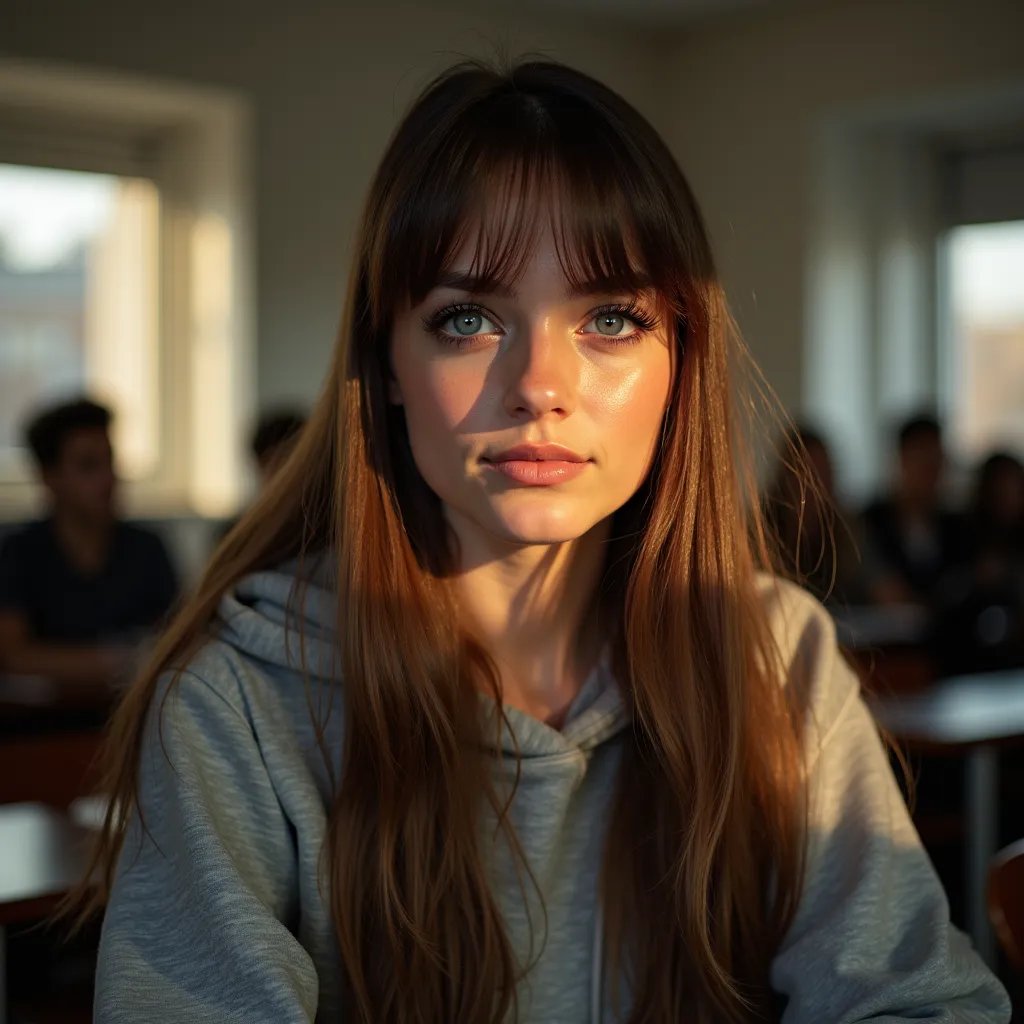 A cute, naturally beautiful young Russian woman with long straight brown hair, side parting and fringe. She has large blue eyes with long eyelashes and is wearing mascara and thick eyeliner. She is wearing a grey athletics hoodie. A dimly lit college class...