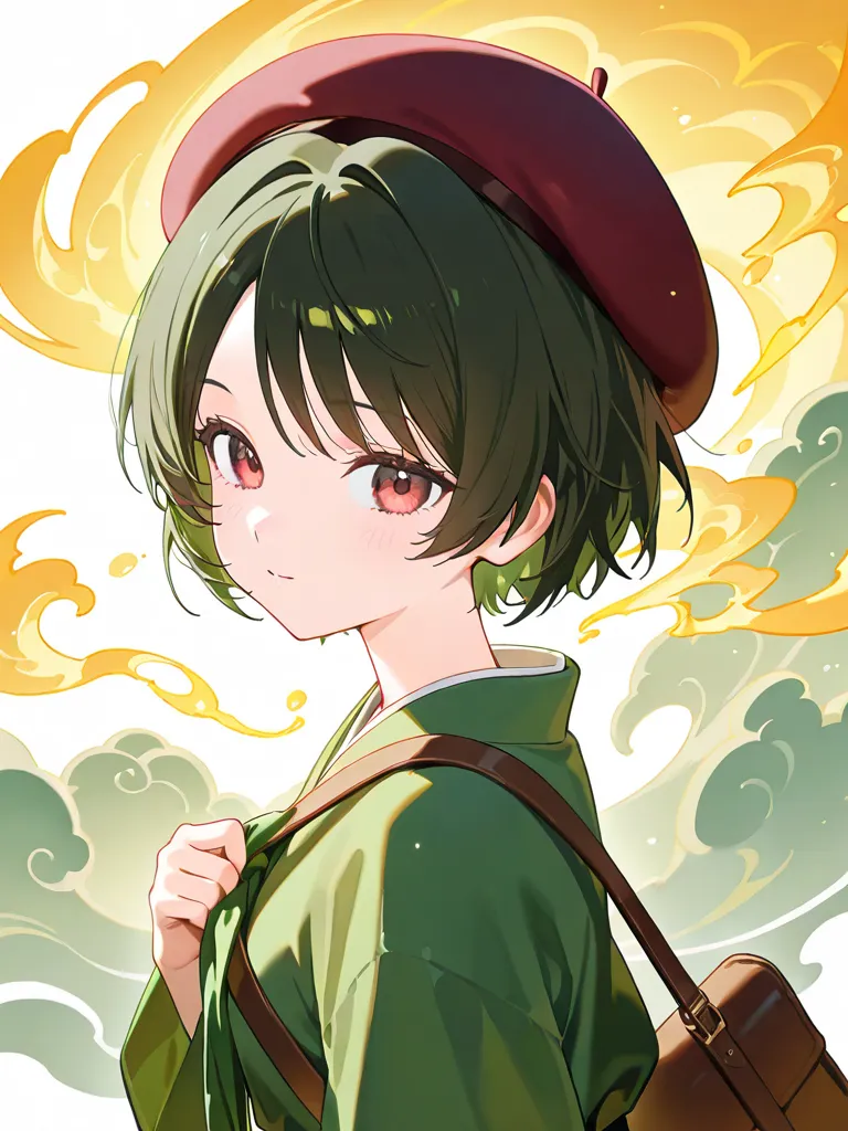 Best quality, one girl, young girl, short hair, middle parted hair, dark green hair, brown hair, dark red Beret, brown shoulder bag, green hanfu cloth, magic book