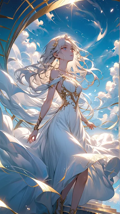 A beautiful woman gracefully ascends a staircase leading to a bright future, her face full of hope and determination. She wears an elegant white dress that flows with the wind, and her long hair sways gently, adding to the dreamlike atmosphere. The stairca...