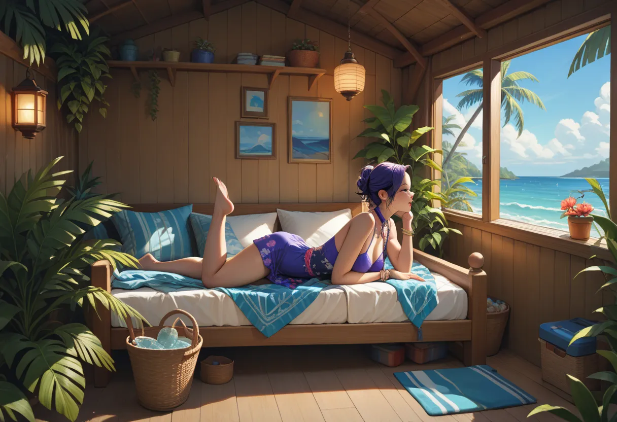 "A woman working on her laptop late at night in a tropical beach hut. She is wearing a breezy purple mini dress, with the sound of waves and lofi music blending together. The room is lit by a single lantern, and the open window reveals moonlit palm trees a...