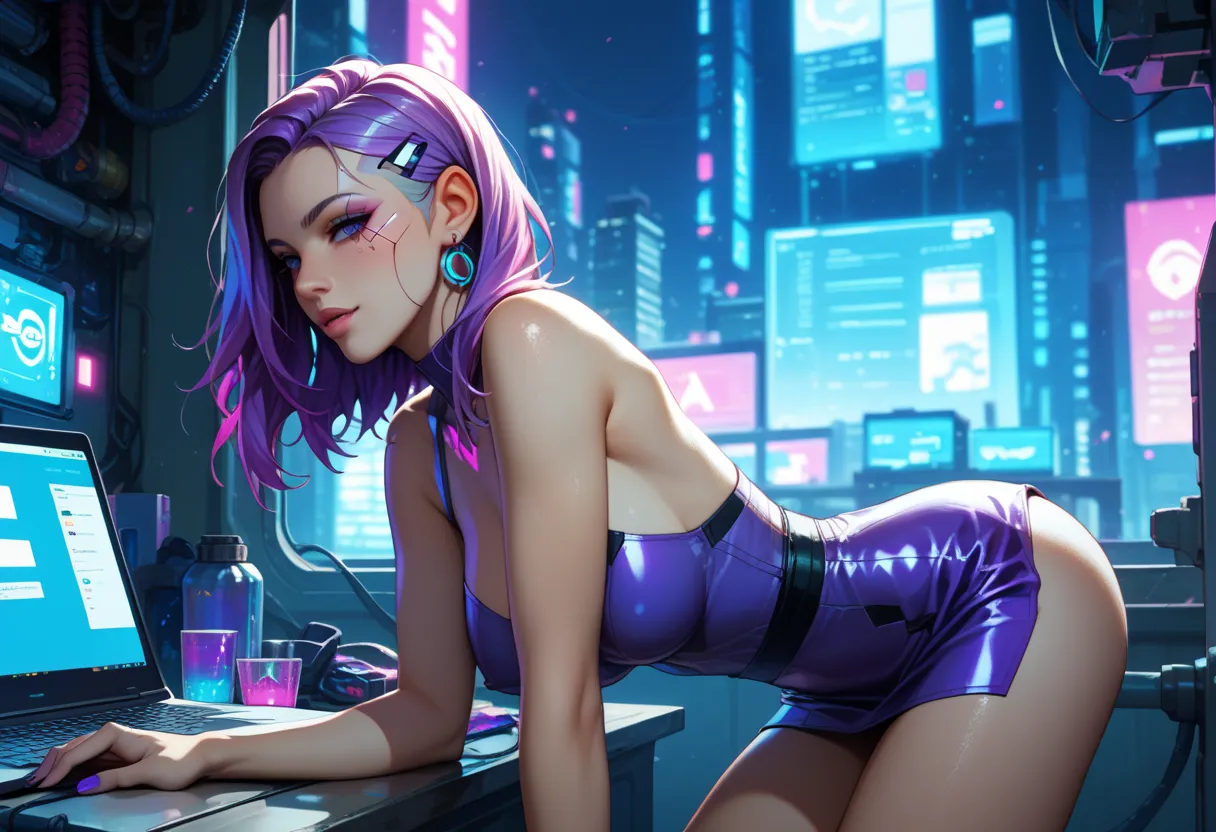 "A woman typing on her laptop in a futuristic, neon-lit room. She is wearing a sleek purple mini dress with futuristic details. The room has glowing screens, holograms, and cyberpunk aesthetics, with faint blue and purple hues dominating the ambiance. Lofi...