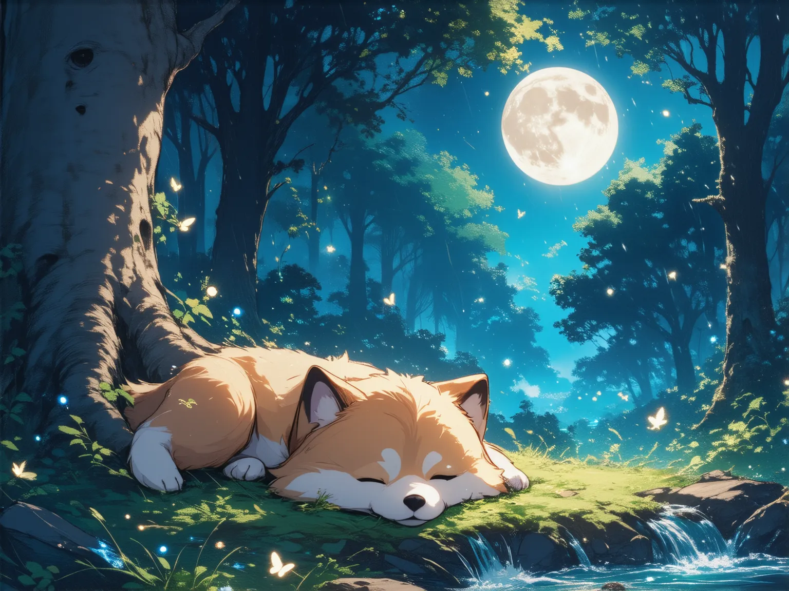 One day when it rained, under the moonlight, a furry dog in the distance, a dreamy forest dog with the moonlight shining under the tree, was asleep. Glittering things like fireflies flew around the dog, and the dog sleeps happily in a dreamy forest that an...