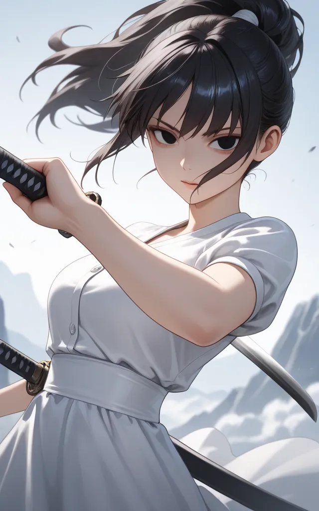 asterpiece, best quality, good quality, very aesthetic, absurdres, newest, 8K, depth of field, focused subject, half body, dynamic angle, action shot, 1anime woman, black ponytail, long white dress, looking at viewer, blind eyes, the anime woman is very si...