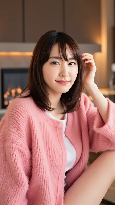 (a state where the face is accurately positioned in the center of the image: 1.5), (upper breast: 1.5), (fully reflects the entire head: 1.5), (Face clearly visible: 1.2)、 (braless fur pure pink coat : 1.4), (fireplace : 1.5), LONG HAIR、 black hair、bangs, ...