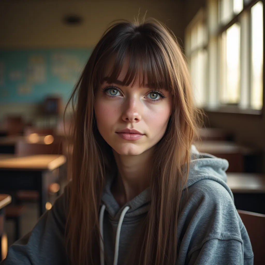 A cute, naturally beautiful young eastern European woman with long straight brown hair, side parting and fringe. She has large blue eyes with long eyelashes and is wearing mascara and thick eyeliner. She is wearing a grey athletics hoodie. A dimly lit coll...