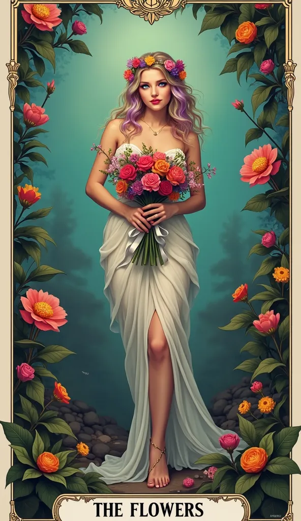 Create the tarot card the flowers, a woman dressed with several colorful flowers she has rainbow-colored hair, she holds a bouquet of colorful flowers with a white ribbon, she has very light blue eyes, pink eye makeup and pink lipstick , she is smiling sho...