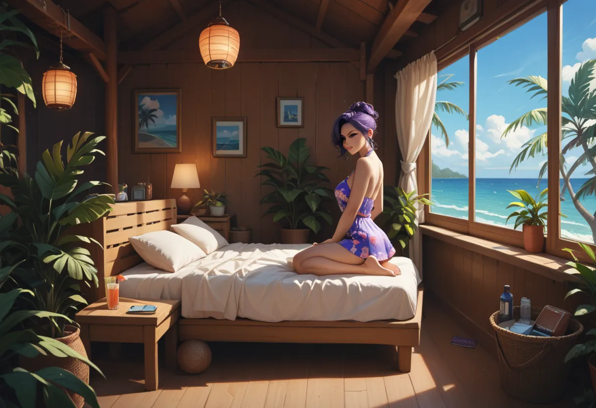 "A woman working on her laptop late at night in a tropical beach hut. She is wearing a breezy purple mini dress, with the sound of waves and lofi music blending together. The room is lit by a single lantern, and the open window reveals moonlit palm trees a...