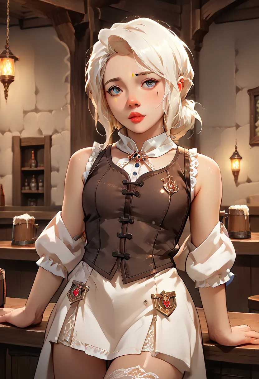 gnome girl, Alone, pike trickfoot, short stature, short sleeveless medieval dress, short stature, tavern, beer mug, maximum fidelity, 8k, masterpiece, detailed background, detailed scenario, perfection