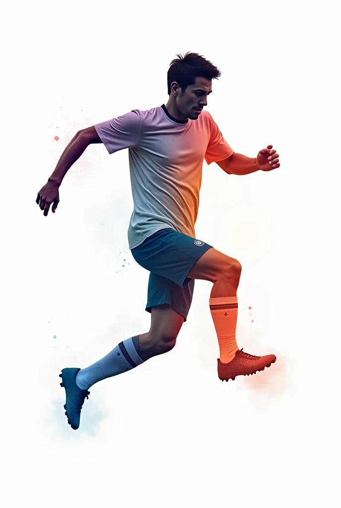 Image of an athlete playing soccer abstract watercoloring art against white background with art color smoke splashes the person should have a short black hair , does not show any specific race features 