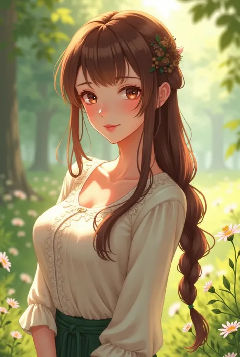 (anime) Long brown haired woman, with their hair tied in a long braid, brown eyes, Big breasts wearing jeans and a spring blouse
