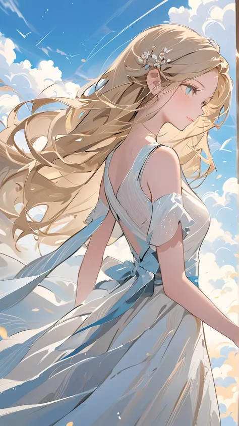 Beautiful illustration, close up of a woman's upper body, A beautiful woman, with a look full of hope and determination, gracefully climbs the stairs leading to a brighter future. She wears an elegant white dress fluttering in the wind, her long hair gentl...