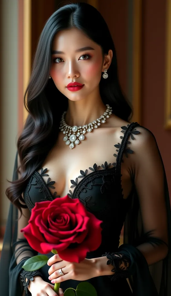 A hyper-realistic digital photo, 8K resolution, of a beautiful asian model, charming, piercing black eyes, full-length woman with long straight black hair that partially hides her face. She wears a satin and lace evening dress with diamonds emeralds rubies...