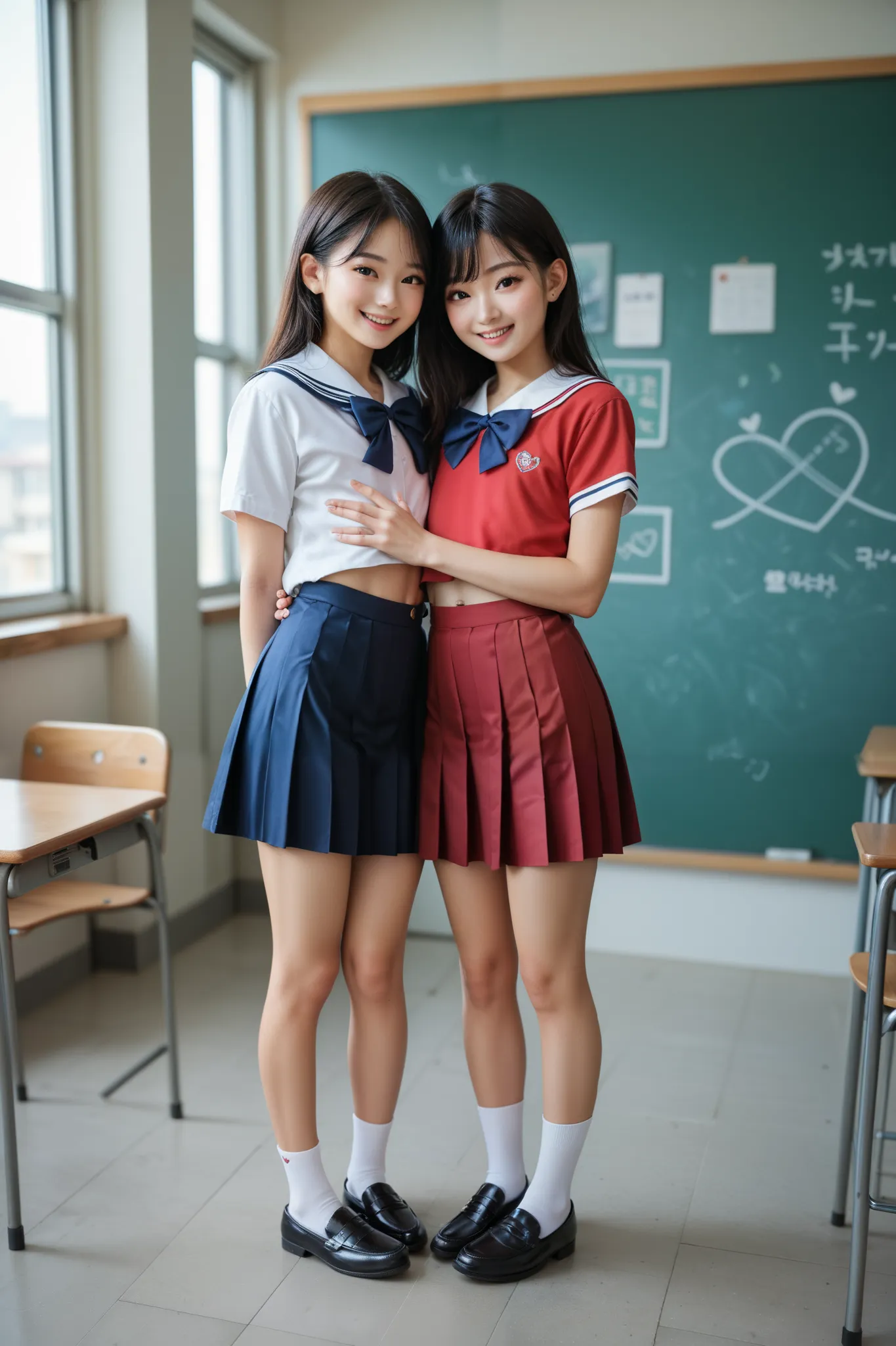  masterpiece, highest quality, 2girls, sisters, ((korean)), instagram photo, full body, black hair, tiny bodies, ((flat chest)), happy, wholesome, innocent, ((schoolgirl outfit)), modest, petite bodies