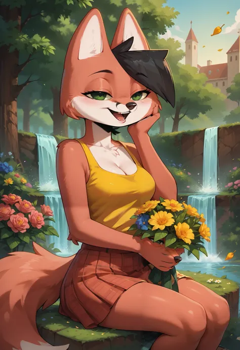 score_9, score_8_up, score_7_up, score_6_up, score_5_up, score_4_up, 1girl, lisris, anthro fox, black hair, furry female, green eyes, red body, middle breasts, wide hips, woman, detailed, beautiful, female, vector, flat colors, blushed, 4k, ultra detailed,...